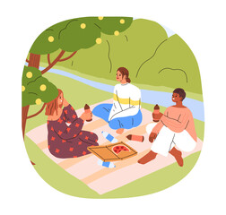 Girls relaxing on picnic blanket on summer holiday. Young happy women friends drinking, eating, talking together in nature on summertime vacation. Flat vector illustration isolated on white background