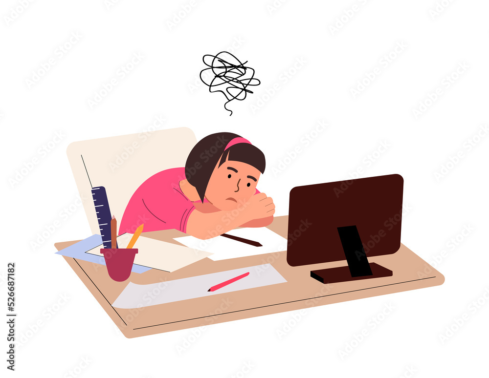 Tired overworked pupil girl sit sad and studying.Exhausted fatigue kid ...