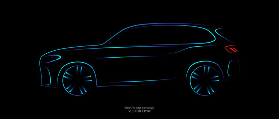 Wall Mural - Modern SUV car sketch line silhouette blue and green light isolated on black background in side view. Vector illustration in concept technology electric car, self drive car