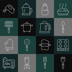 Sticker - Set line Fork, Gas stove, Teaspoon, Salt, Cooking pot, Barbecue steel grid, Electric mixer and kettle icon. Vector