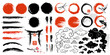 Big set of Japanese brushes and other design elements implemented in ink style. Hand-drawn with ink in traditional Japanese style sumi-e. Vector illustration