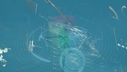 Poster - Animation of neon ticking clock and data processing over spinning windmill against blue background