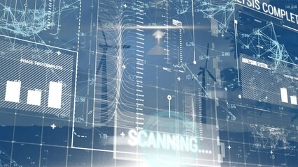 Poster - Animation of round scanner and interface with data processing over spinning windmills against sky