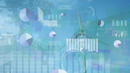 Poster - Animation of screens with data processing over spinning windmill against construction site