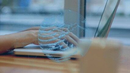 Sticker - Animation of data processing over spinning globe against mid section of woman using laptop at a cafe