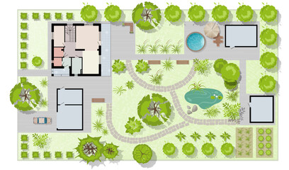Wall Mural - top view landscape design plan with house, courtyard, lawn, garage. highly detailed plan of country 