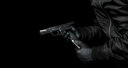 A man in a black jacket and black gloves holds a pistol in his hands and reloads it. Unloaded weapon in hand. Dark back.