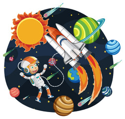 Sticker - Astronaut with planets and rocketship