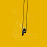 Fototapeta  - Contemporary art collage. Conceptual image. Young man sitting on swing and reading isolated on yellow background