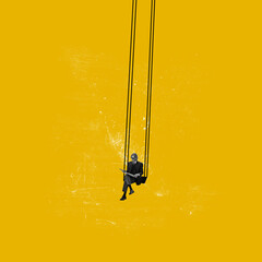 contemporary art collage. conceptual image. young man sitting on swing and reading isolated on yello