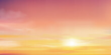 Sunrise Morning With Orange,Yellow And Pink Sky, Dramatic Twilight Landscape With Sunset Sky In Evening, Vector Horizon Beautiful Nature Banner Of Sunrise Or Sunlight For Four Seasons Background