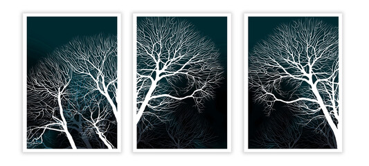 Wall art: tree and abstract texture. Interior triptych. Mixed media: gouache, watercolour, acrylic, digital. 