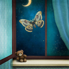 Fantasy Fairy Tale Night Illustration For Postcard Or Poster Or Book With Window And Night Butterfly