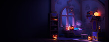 Magical Halloween Illustration With Moonlit Books, Potions And Jack O' Lanterns. Halloween Background With Copy-space.