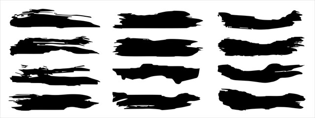 Wall Mural - Vector collection of artistic grungy black paint hand made creative brush stroke set isolated on banner background. A group of abstract grunge sketches for design education or graphic art decoration