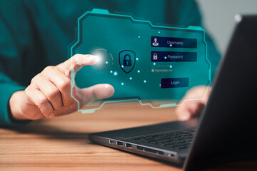 Poster - Man login with fingerprint scanning technology in the computer. Secure encryption and access to the user's private information to access the Internet.