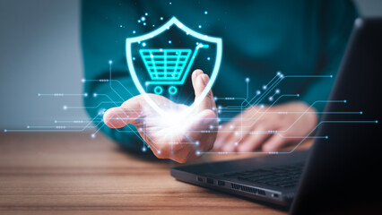 Poster - Adult man using a laptop buying order in online store, shopping on internet, concept computer shopping app.