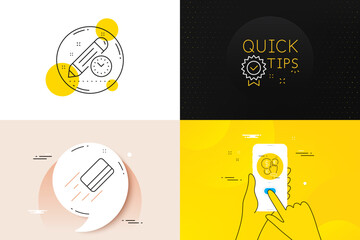 Poster - Minimal set of Quick tips, Project deadline and Money currency line icons. Phone screen, Quote banners. Credit card icons. For web development. Vector