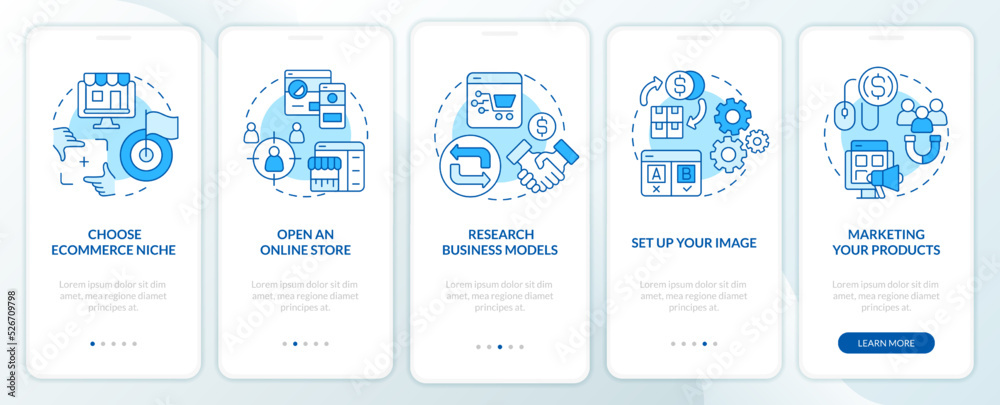 Starting ecommerce business steps blue onboarding mobile app screen ...