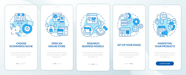 Starting ecommerce business steps blue onboarding mobile app screen. Walkthrough 5 steps editable graphic instructions with linear concepts. UI, UX, GUI template. Myriad Pro-Bold, Regular fonts used