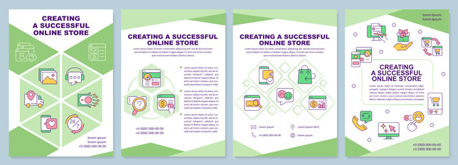 Creating successful online store green brochure template. Leaflet design with linear icons. Editable 4 vector layouts for presentation, annual reports. Arial-Black, Myriad Pro-Regular fonts used