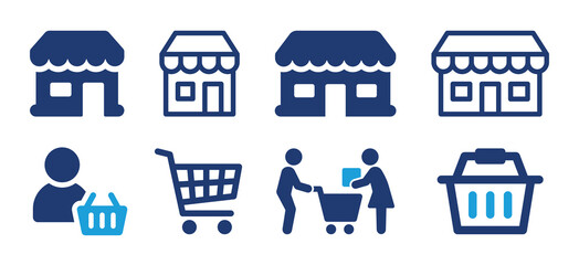 Shopping icon set. Containing shop, supermarket, customer, shopping cart and basket icons. Vector illustration