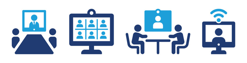 Poster - Video conference icon set. Containing seminar teamwork, remote meeting, online meeting, webinar icons. Vector illustration