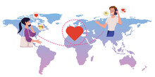 Relationship At A Long Distance And Virtual Love, Vector Illustration Isolated.