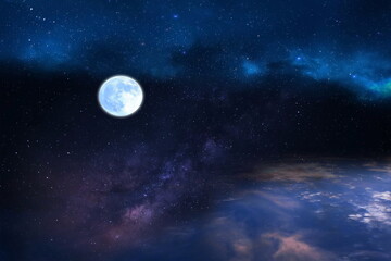 Wall Mural - purple blue starry sky and full moon sunset nebula comet meteor stars fall shower lilac pink reflect