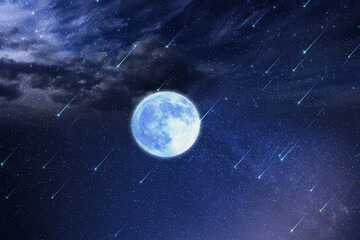 Wall Mural - purple blue starry sky and full moon sunset nebula comet meteor stars fall shower lilac pink reflect