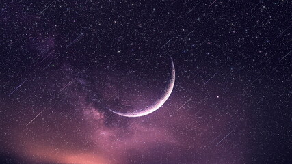 Wall Mural - purple blue starry sky and full moon sunset nebula comet meteor stars fall shower lilac pink reflect
