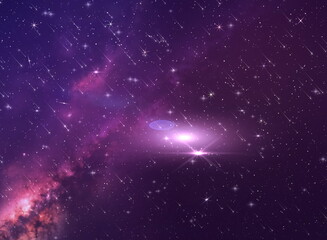Wall Mural - purple blue starry sky nebula comet meteor stars fall shower lilac pink reflection on sea with plane