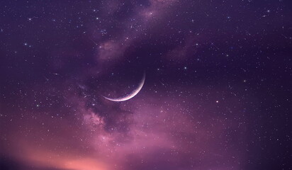 Wall Mural - purple blue starry sky and full moon sunset nebula comet meteor stars fall shower lilac pink reflect