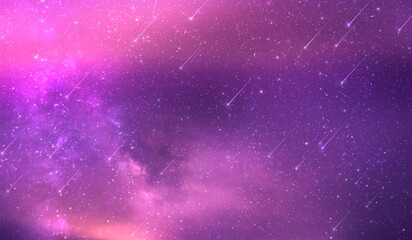 Wall Mural - purple blue starry sky nebula comet meteor stars fall shower lilac pink reflection on sea with plane