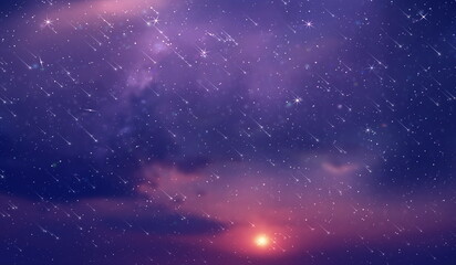 Wall Mural - purple blue starry sky nebula comet meteor stars fall shower lilac pink reflection on sea with plane