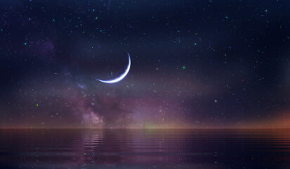 Wall Mural - purple blue starry sky and full moon sunset nebula comet meteor stars fall shower lilac pink reflect
