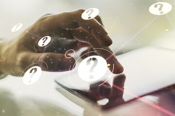 Aufkleber - Creative abstract question mark sketch and hand working with a digital tablet on background, FAQ and research concept. Double exposure