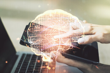 Poster - Creative artificial Intelligence concept with human brain hologram and finger clicks on a digital tablet on background. Multiexposure