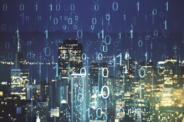 Leinwandbilder - Abstract virtual binary code illustration on San Francisco skyline background. Big data and coding concept. Multiexposure