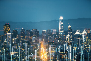 Poster - abstract virtual microscheme illustration on san francisco skyline background. big data and database