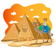 boy riding a camel around the pyramids in egypt.vector illustration