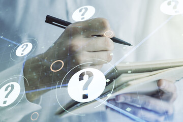 Aufkleber - Creative concept of question mark illustration and man hand writing in notebook on background. FAQ and search concept. Multiexposure