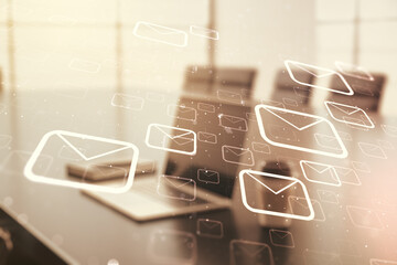 Poster - Creative abstract postal envelopes sketch on modern laptop background, e-mail and marketing concept. Double exposure