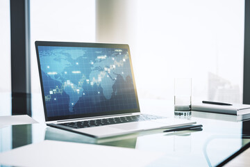 Poster - abstract creative financial graph with world map on modern laptop screen, forex and investment conce