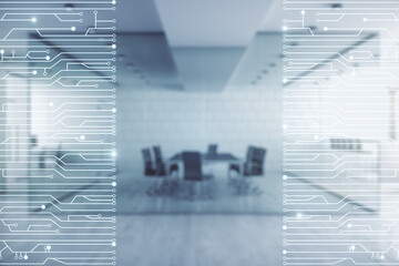 Aufkleber - Abstract virtual micro chip hologram on a modern furnished classroom background, artificial intelligence and machine learning concept. Multi exposure