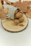 Fototapeta Mapy - nuts in sack and autumn leaves