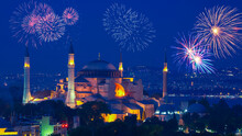 The Most Beautiful Architectural Structures And Scenery Of Istanbul, Celebration With Fireworks, Vibrant City And Lights