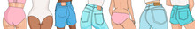 Illustrations Of  Different Shape Of Women Bums, Different Skin Colors Wearing Jeans Shorts And Bikinis