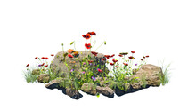 Small Garden Consists Of Stone Bush And Flowers With Isolated Background