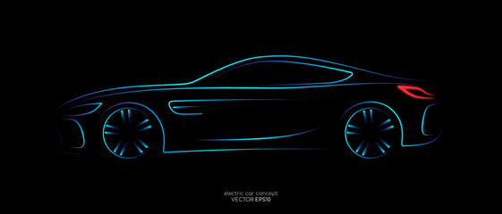 Poster - Modern sport coupe car sketch line silhouette blue and green light isolated on black background in side view. Vector illustration in concept technology electric car, self drive car